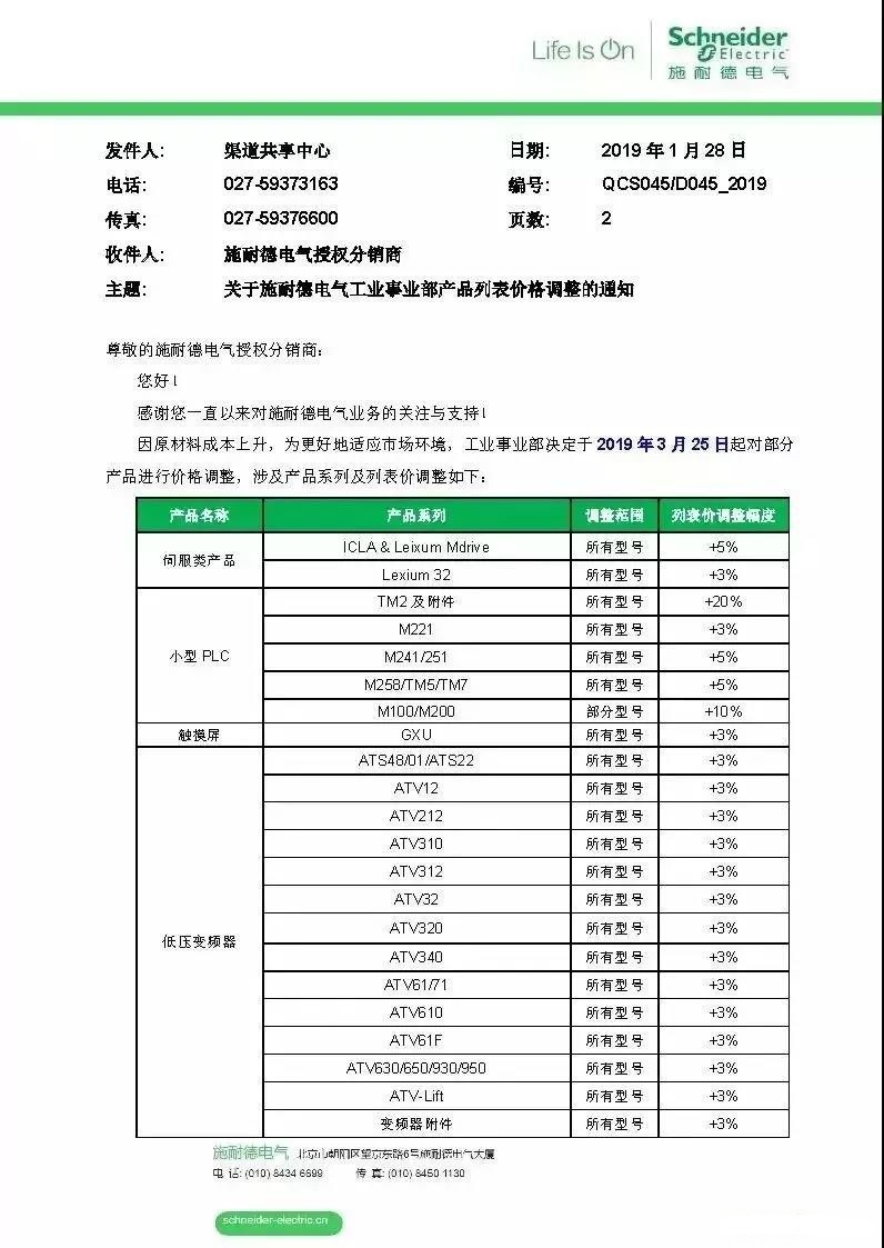 施耐德電氣漲價通知